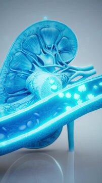 Conceptual 3D animation of a kidney releasing EPO into a blood vessel