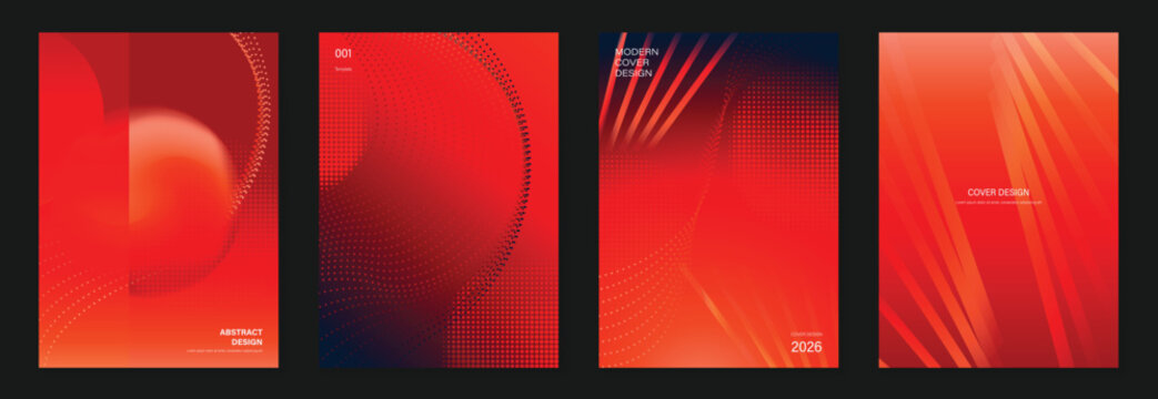 Red Orange Gradient Poster Set Vector with Curved Halftone Patterns, Dynamic Lines, Warm Glow, Modern Abstract Cover Design Templates
