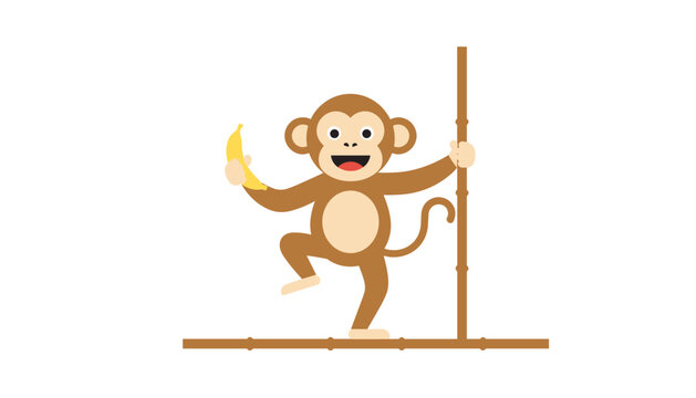 Happy cartoon monkey balancing on a bamboo tightrope while holding a fresh yellow banana in flat vector style.