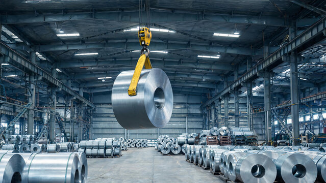 A large steel coil is being lifted by a crane inside a spacious industrial warehouse filled with stacked metal coils.