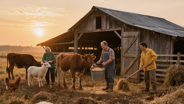Local Farmers Feeding Livestock Beside a Rural Barn at Sunrise