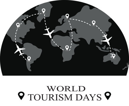 World Tourism map with location pins on black background