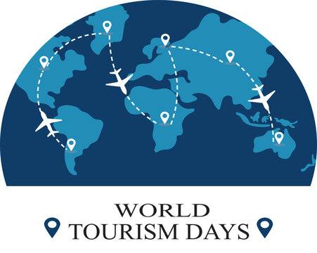 World map with airplanes for World Tourism Days on blue background