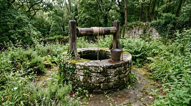 Ancient stone well with a wooden bucket and crank mechanism centered in a lush, mossy forest clearing with vibrant green foliage and earthy grey textures.