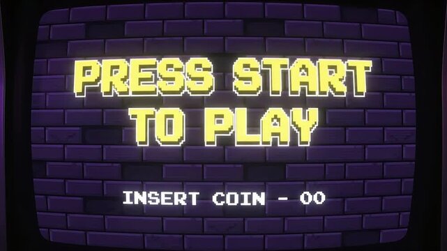 Press start to play text glowing in yellow neon typography on a dark purple brick wall background inside a vintage arcade cabinet screen.