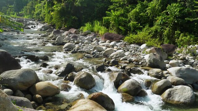 Fast Flowing Tropical Mountain River Over Large Boulders 4K