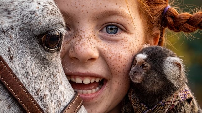 Joyful Girl Sharing a Close Moment With Horse and Monkey
