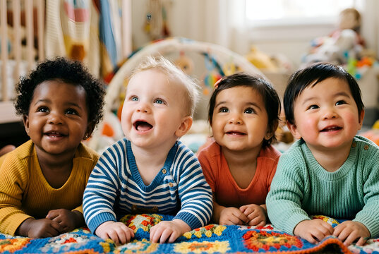 Four happy diverse multi-ethnic babies lying on a colorful crochet blanket smiling and looking up together in a cozy indoor nursery