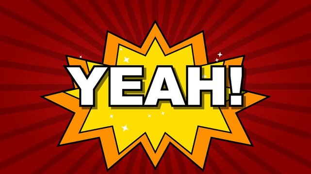 Comic style yellow explosion burst with bold text YEAH on red radial sunburst background for pop art expression