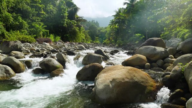 Scenic Tropical Mountain River With Giant Rocks 4K