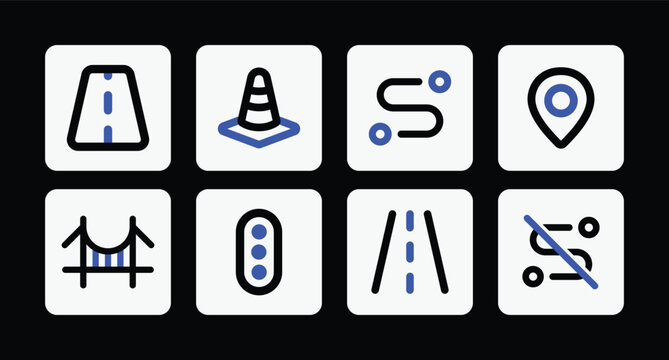 Navigation and traffic icons collection with blue accents linear style vector illustration isolated on background