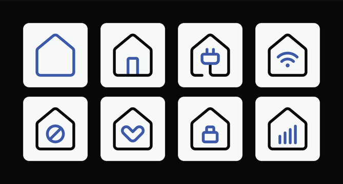 Smart home icons collection with blue accents linear style vector illustration isolated on background
