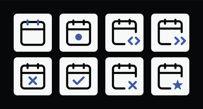 Calendar management icons collection with blue accents vector illustration isolated on background