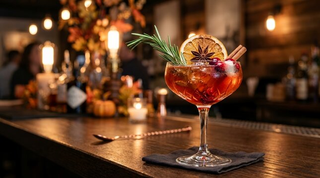 Festive Cocktail with Garnishes on a Bar Counter.