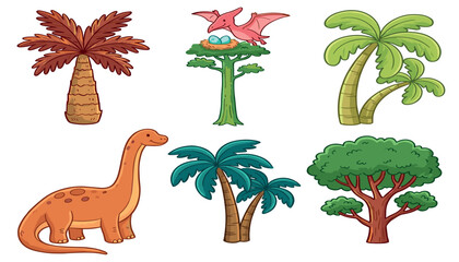 Prehistoric dinosaur and tropical tree collection. Brontosaurus, pterodactyl flying over nest with eggs, palm trees, jungle foliage, jurassic plants and ancient wildlife cartoon elements. © Sakouat