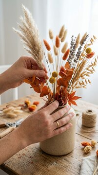 Hands arranging dried flowers and pampas grass in a vase for home decor.