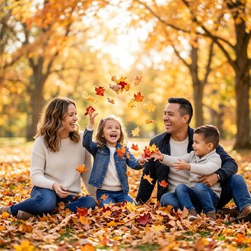 Happy Family Enjoying Autumn Leaves in Park.