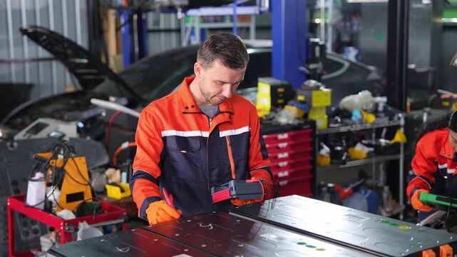 Caucasian Mechanic man repairing electric vehicle battery in garage
