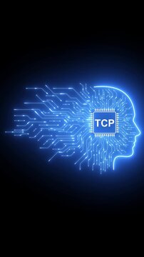 Tcp protocol network communication concept with glowing digital human head and circuitry processor animation