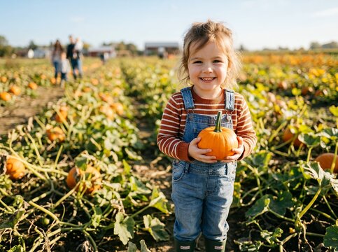 Happy little girl holding a small pumpkin in a pumpkin patch.