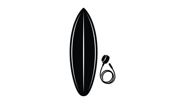 Black silhouette surfboard with leash attached transparent background design