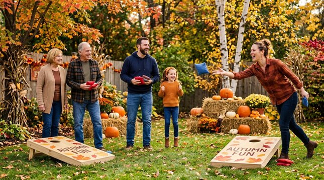 Multi-generational family playing cornhole in autumn backyard with colorful fall foliage.