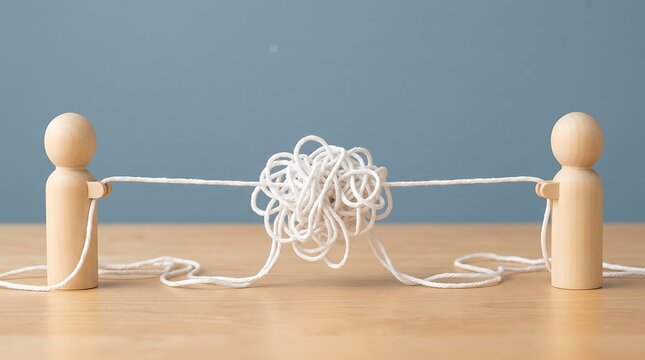 Wooden figures pulling a tangled white rope representing conflict resolution and teamwork to solve complex business communication issues on a blue background.
