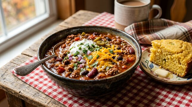 Hearty Bowl of Chili with Cornbread and Coffee by the Window.