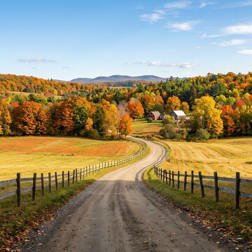 Scenic Autumn Country Road Leading to Farm Buildings.