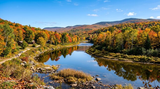 Scenic Autumn River Landscape with Colorful Trees and Mountains.