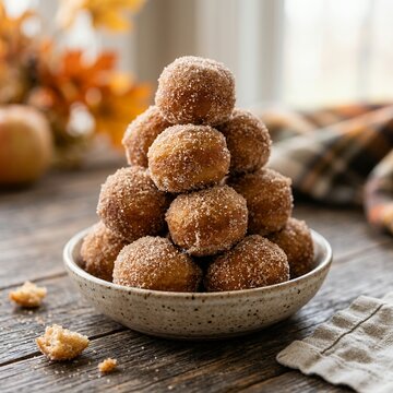 Stack of Cinnamon Sugar Donut Holes in a Bowl.