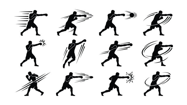 Boxing action sequences showing various punches and movements in silhouette style