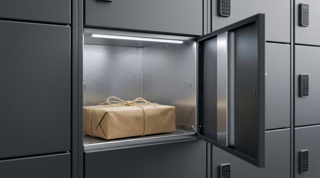 Open smart parcel locker with a wrapped package inside