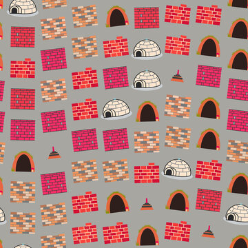 Seamless pattern of various dwellings and brick walls
