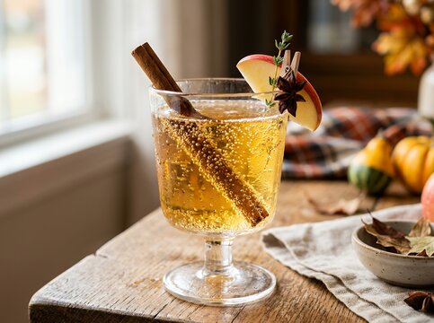 Warm Apple Cider with Cinnamon Stick and Apple Slice.