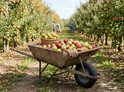 Wheelbarrow full of fresh apples in an orchard during harvest season.