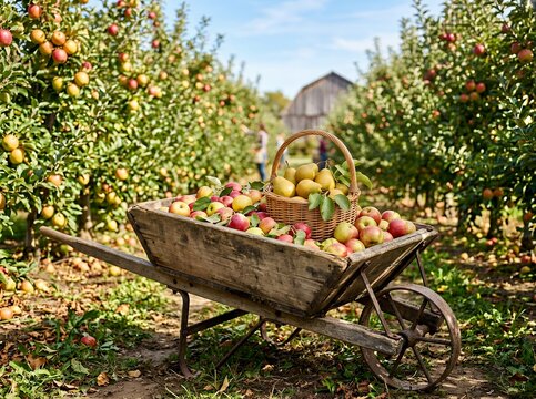Wheelbarrow full of ripe apples in an orchard during harvest season.