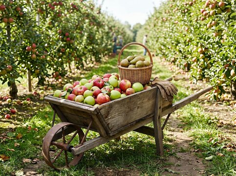 Wheelbarrow full of ripe apples in an orchard during harvest season.