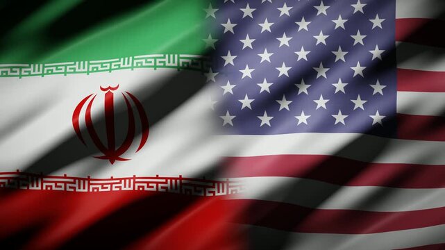 Iran and USA flags waving side by side with dramatic shadows, Iranian and American flags for relations and tension news
