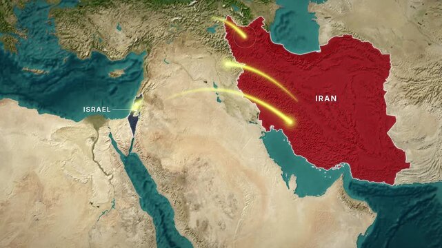Israel to Iran missile arcs on satellite map of Middle East, glowing strike trajectories hitting Iran highlighted in red