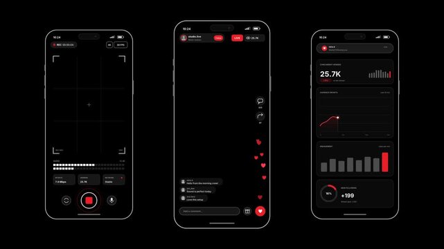 Live stream app UI on three phones with recording screen, live comments and hearts, and viewer insights counter rising