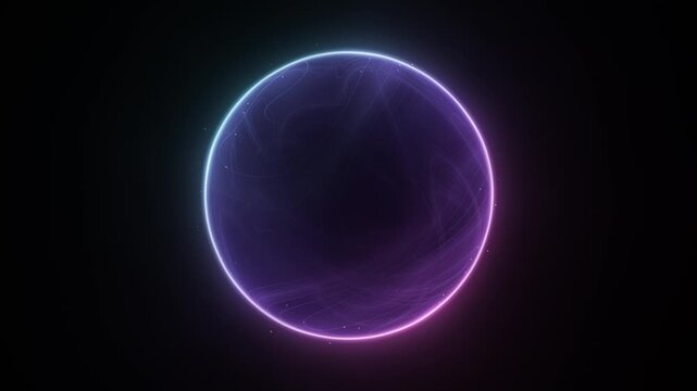 Neon plasma energy sphere with glowing blue and pink rim and swirling purple smoke inside on black background, seamless loop