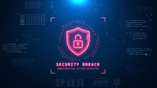 Security breach alert with red neon shield and broken padlock on blue cyber HUD, unauthorized access detected warning