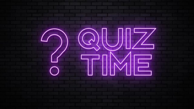 Quiz Time neon sign with question mark flickering on in purple on dark brick wall, glowing trivia game intro title