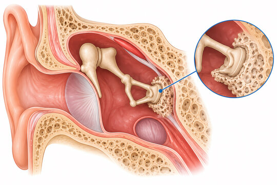 Otosclerosis stapes fixation in the middle ear illustration