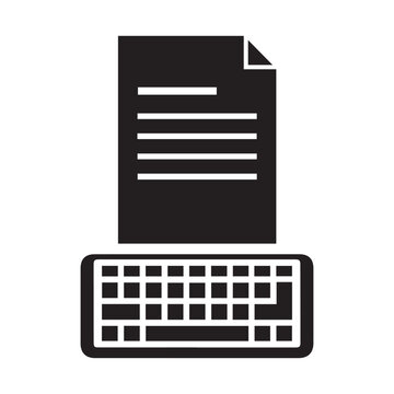Simple black glyph vector icon of a document sheet with text lines placed above a computer keyboard representing typing, writing, word processing, content creation, and office work