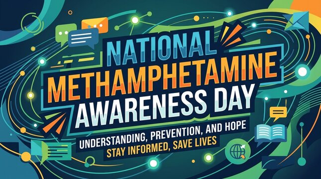 National methamphetamine awareness day banner with abstract digital network and communication icons for public health