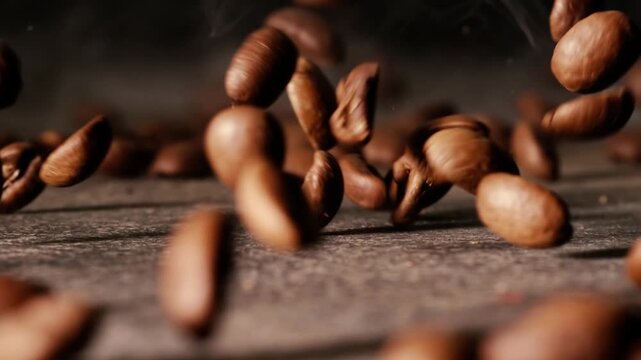 Slow motion roasted coffee beans falling on wooden surface with cinematic smoke and dynamic lighting effects.