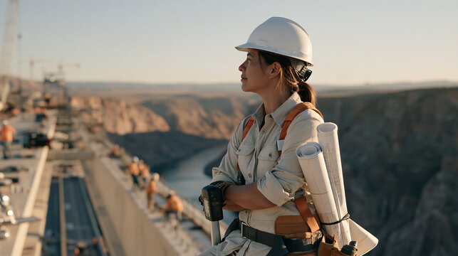 A structural engineer who is a woman stands on an unfinished bridge beam high above a river gorge, blueprints rolled under her arm, surveying the span with a measuring device as