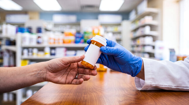 Pharmacist wearing blue medical gloves hands over plastic bottle of prescription medication to patient customer at wooden counter inside modern pharmacy interior.